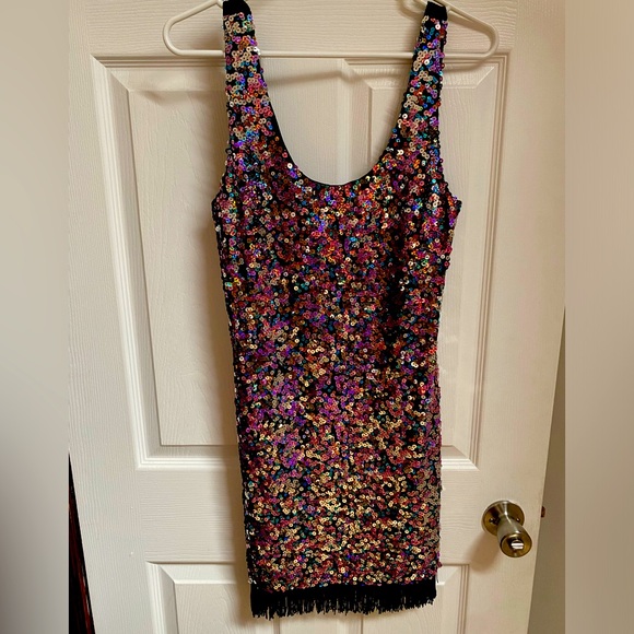 Flapper dress, sequins, fringe. 1920s pageboy rave goth. Sz L - Picture 1 of 5